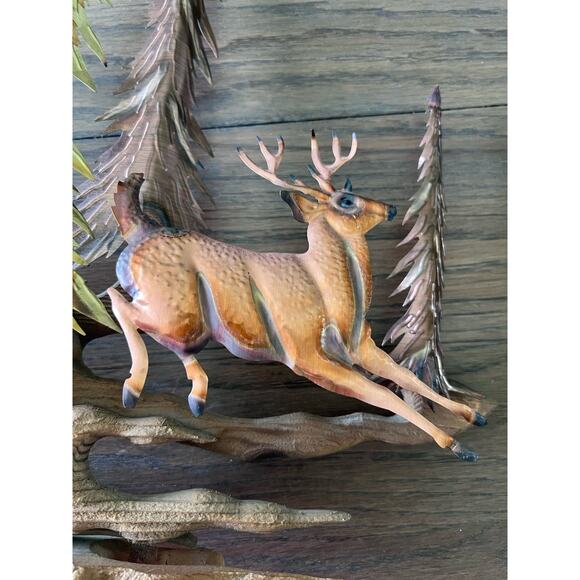 Vintage Brass Copper Deer Sculpture Trees Wood Metal Wall Art Table Top 13"x 15" - Picture 4 of 6